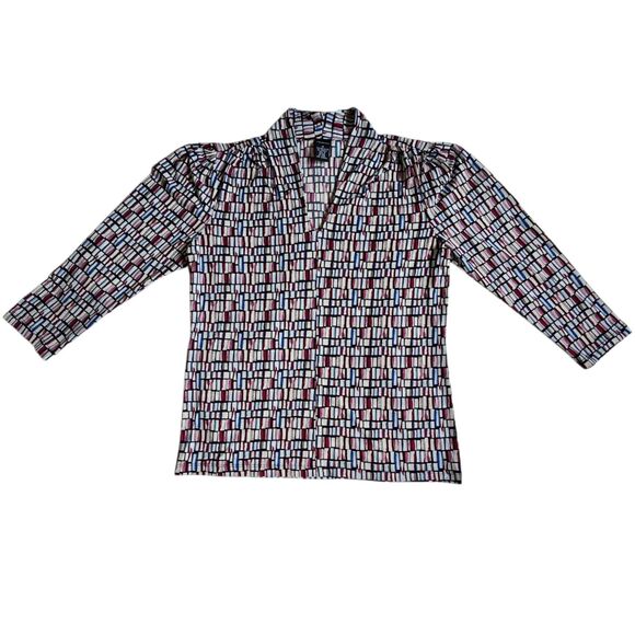 Rafaella Multi Color Black Burgundy Blue Geometric Subtle Puff 3/4 Sleeve Top M - Picture 1 of 10